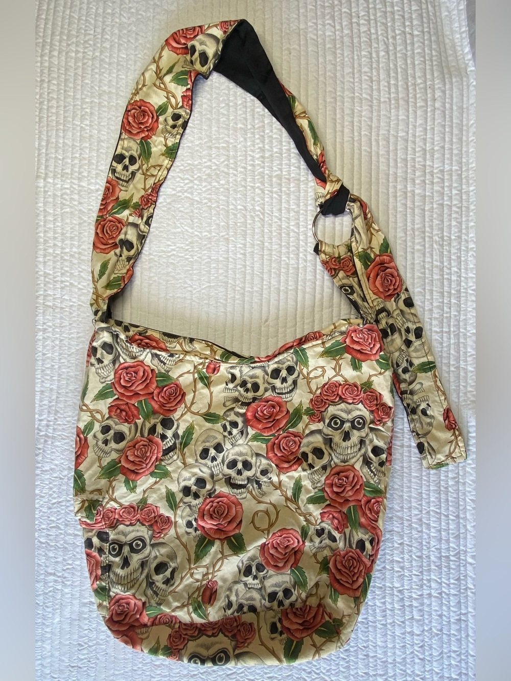 Handmade Alexander Henry "The Rose Tattoo" Skull & Roses Sling Hobo Bag